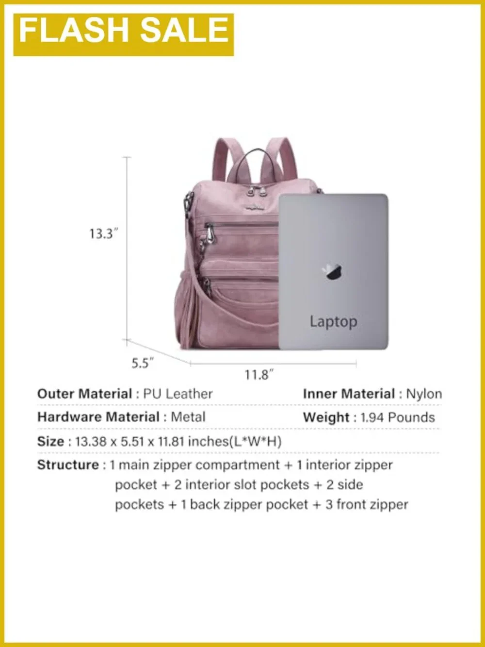 PU Leather Women's Backpack Purse - Casual Laptop Shoulder Bag Travel
